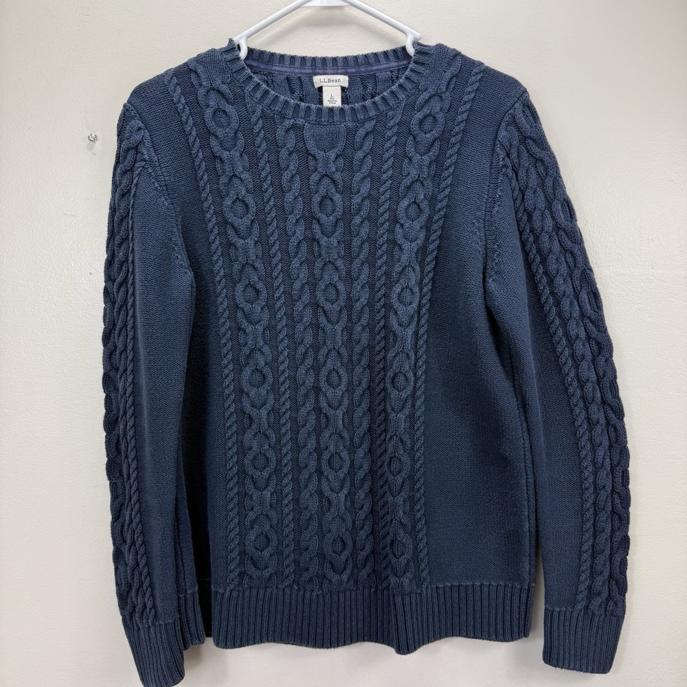 LL Bean‎ Navy Blue Double L Mixed Cable Crew Neck Pullover Cotton Sweater LARGE - Picture 2 of 9